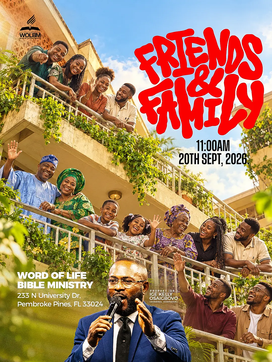 Friends and Family Sunday flyer option B outdoors in warm beige and crimson